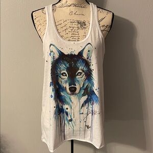Electro Threads Pixie Cold Wolf Watercolor Racerback Tank Top L Boho Art Tee